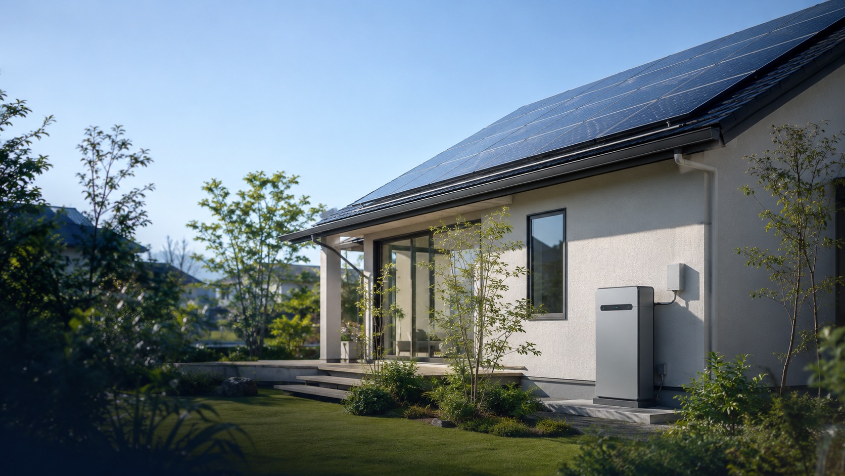 太陽光パネルと家庭用蓄電池を設置した住宅